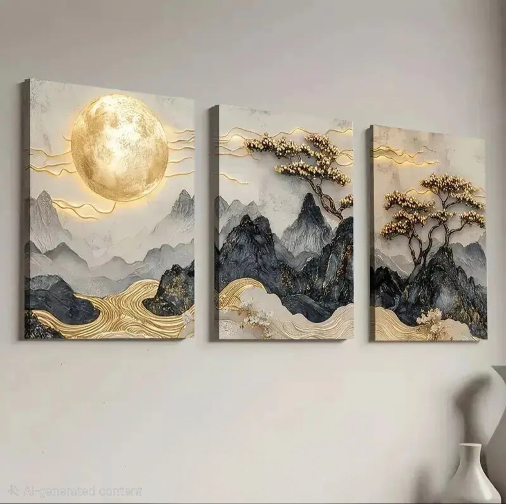 Three piece canvas wall art set with mountain and moon design in gold, black, and grey tones
