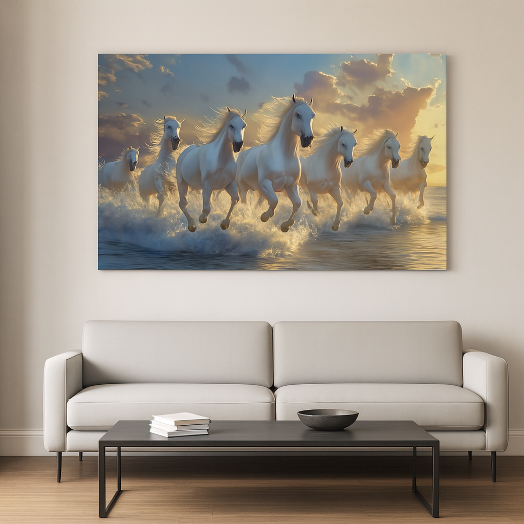 7 white horses running on water in sunrise canvas wall art