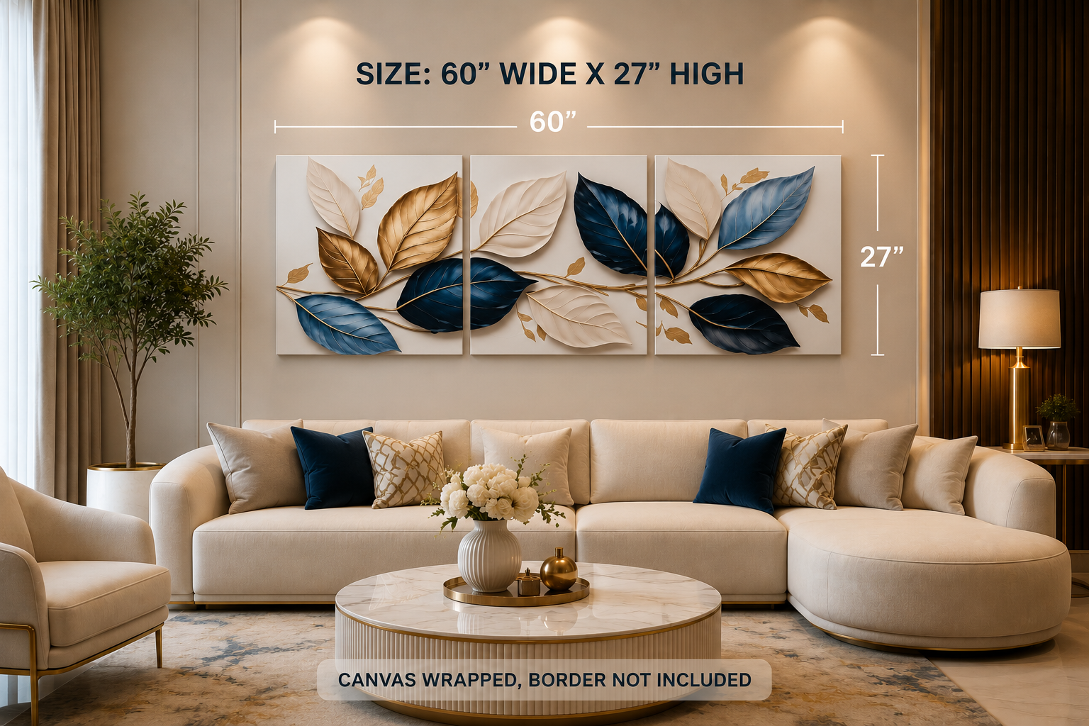 Luxury Blue & Gold Leaves Wall Art