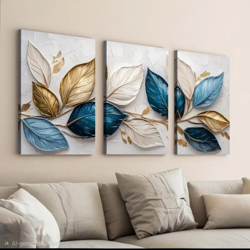 Three abstract wall art panels with leaves on a beige wall above a sofa. Modern minimalist home decor for Canadian living spaces
