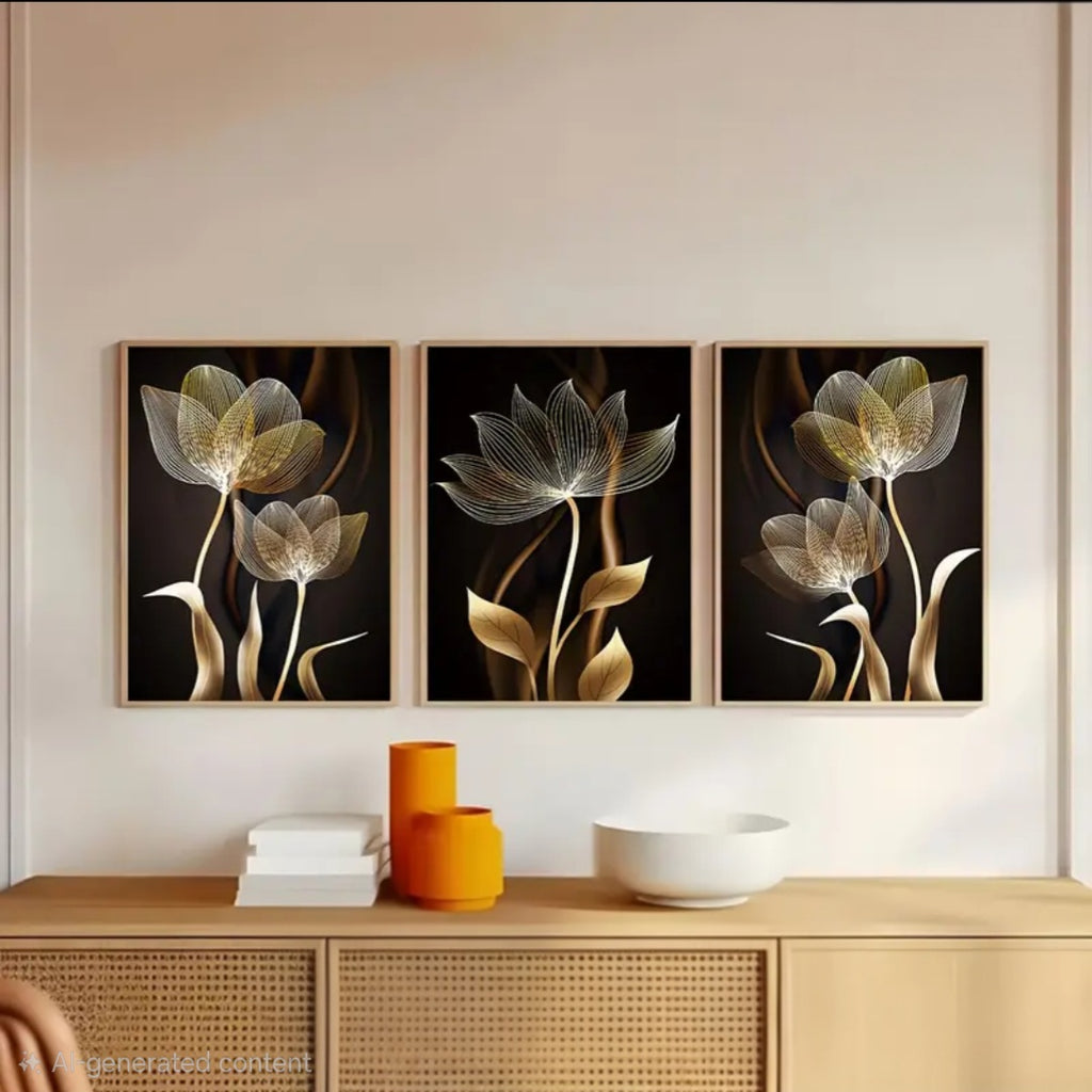 Three piece black and gold floral canvas wall art set in modern interior

