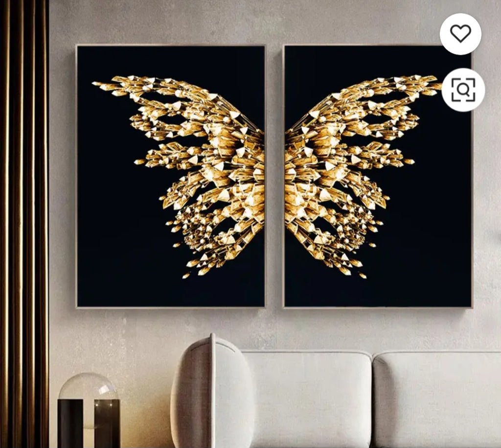 Two piece crystal butterfly wall art pieces on a black background in a Modern minimalist home decor - for Canadian living spaces