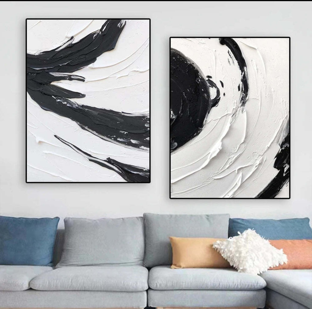 Two abstract black and white paintings for modern minimalist decor
