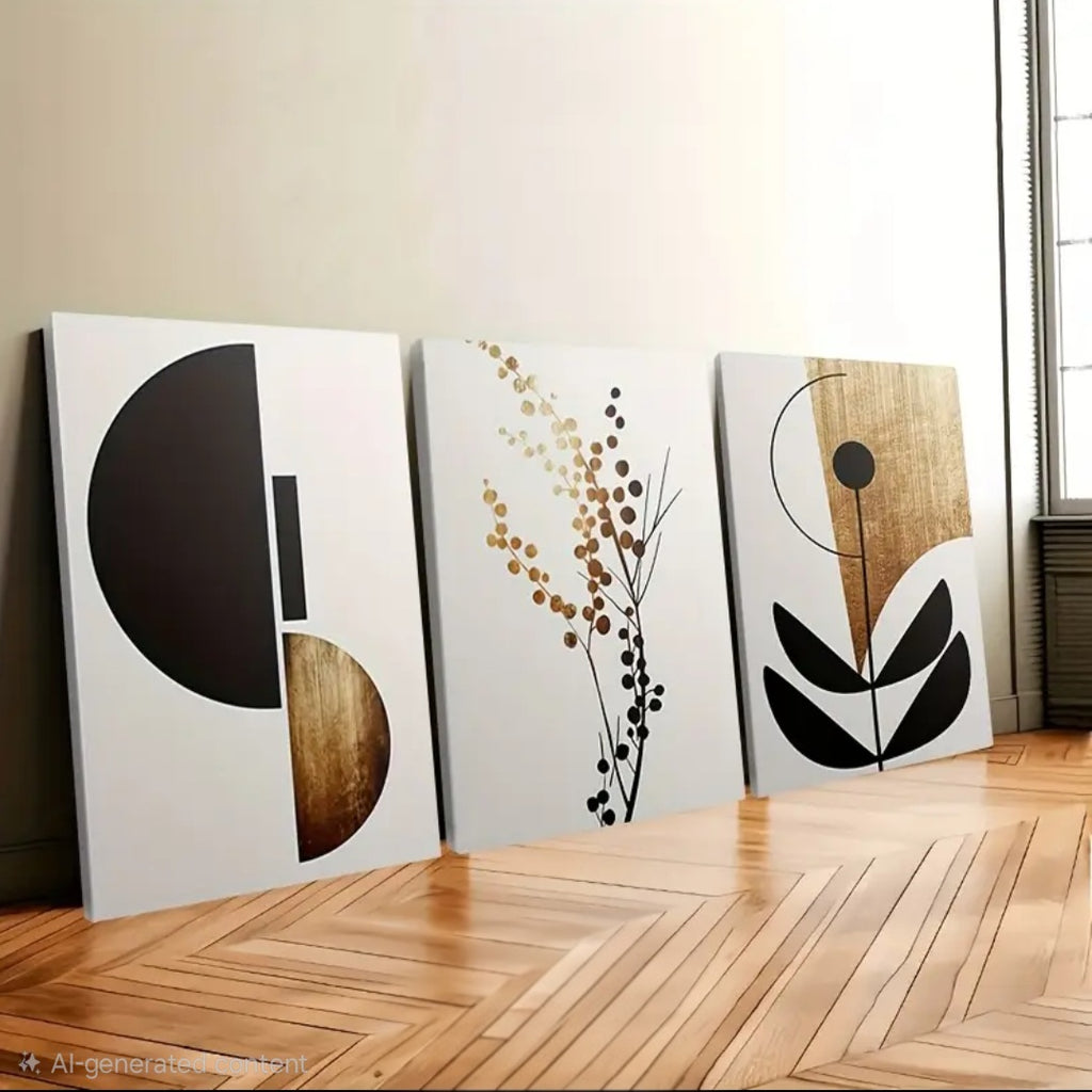 Three piece minimalist black, white, and gold canvas wall art
