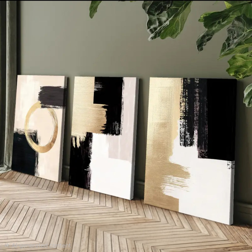 Three abstract black, gold, and white canvas wall art pieces
