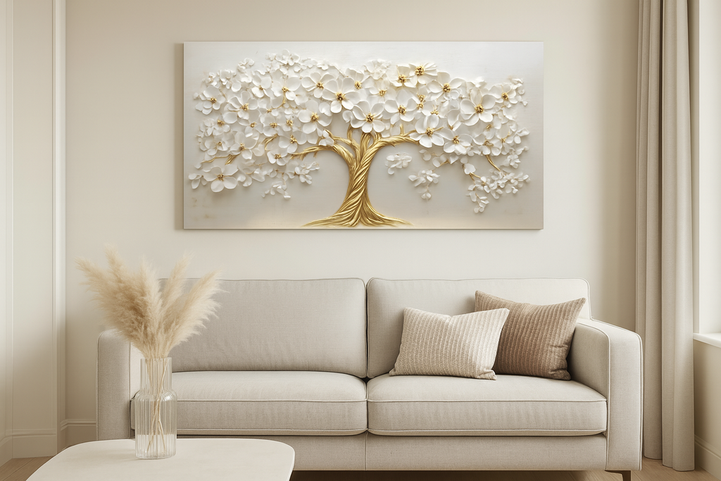 Decorative wall art of a tree with white flowers large canvas art